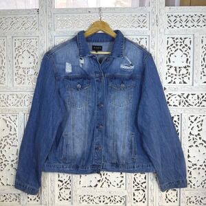 Risen Los Angeles Medium Wash Distressed Denim Jacket Womens L Trucker Rugged‎